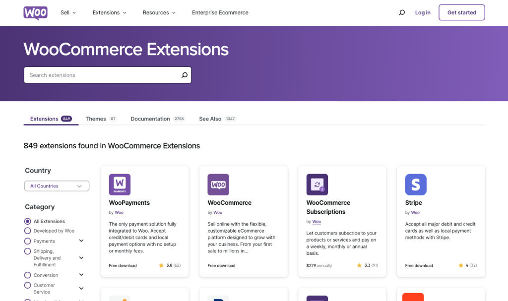 WooCommerce Extensions marketplace showing various plugins like WooPayments, WooCommerce, WooCommerce Subscriptions, and Stripe.